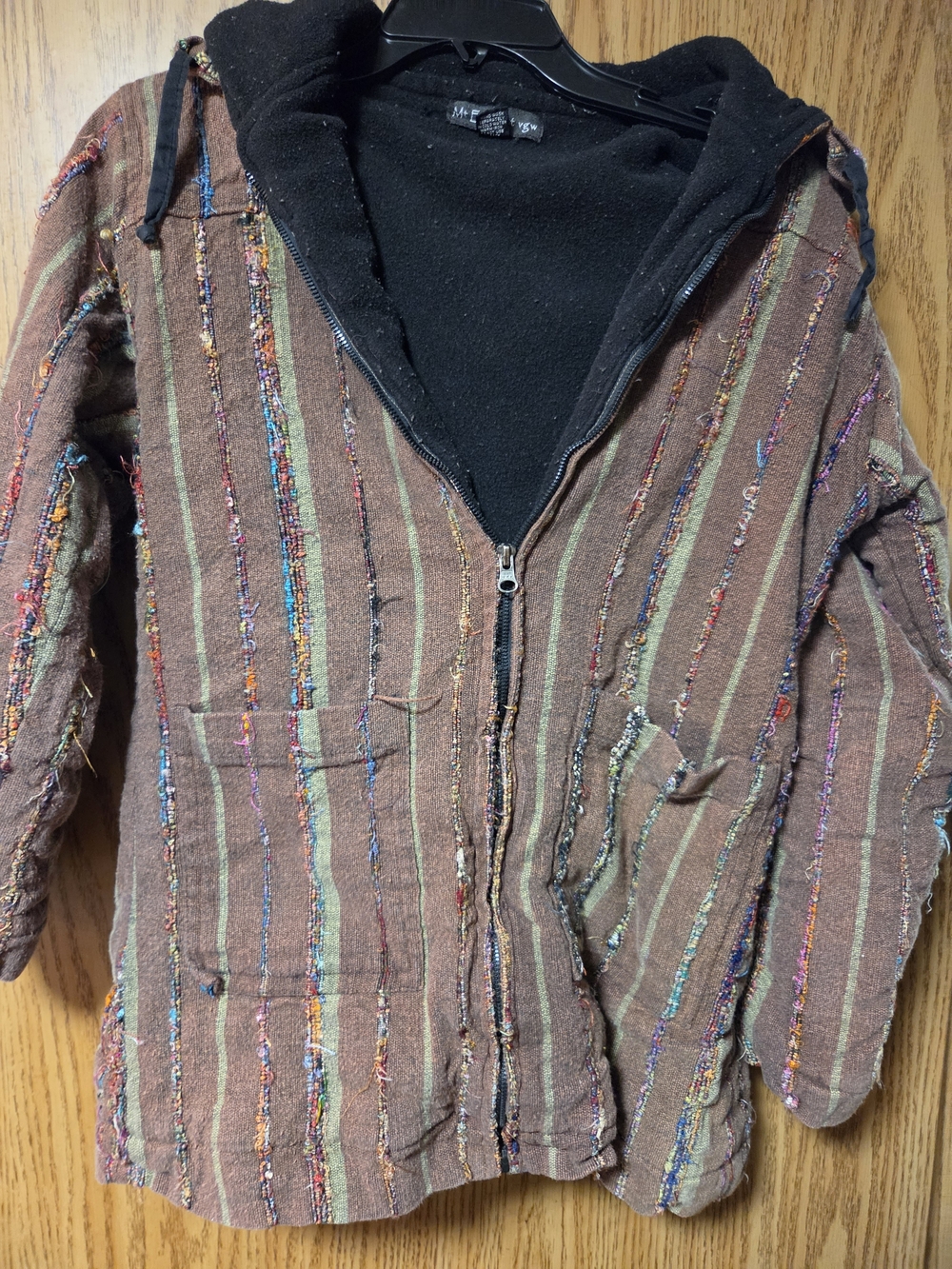 Striped Boho Zip Hoodie Jacket in Brown with Multicolor Accents Fleece Lined